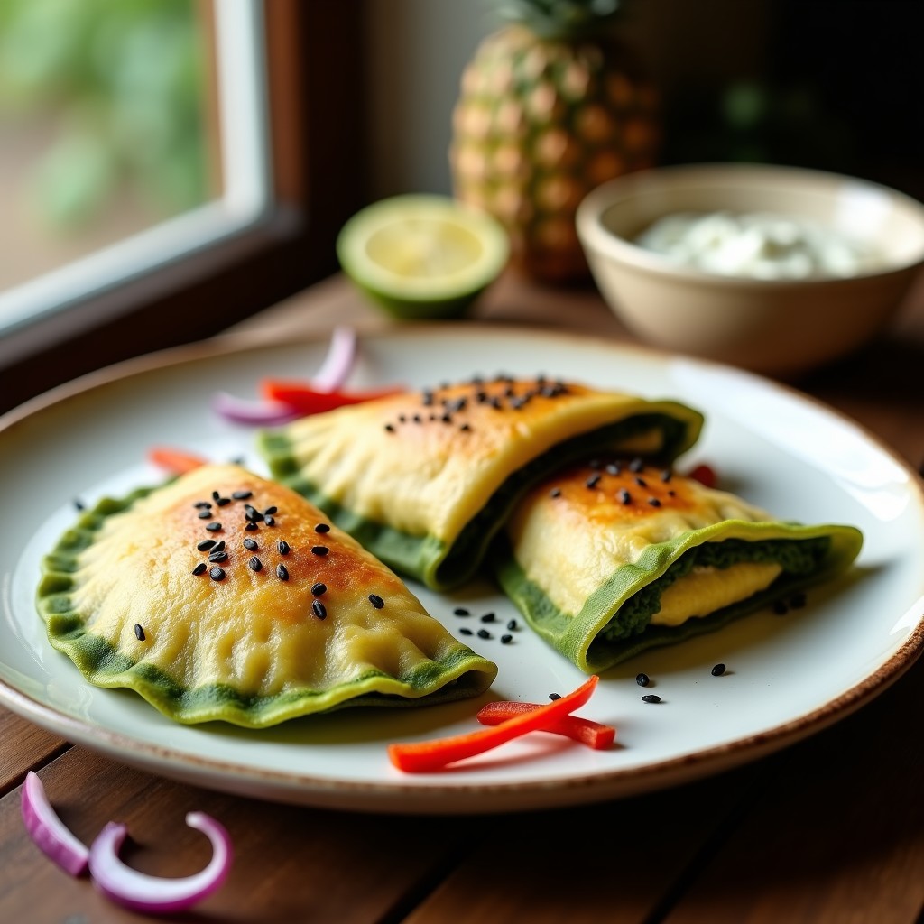 Empanadillas doradas y crujientes de alga spirulina y queso de cáscara en airfryer, con un color verde intenso en la masa y un relleno cremoso. Servidas en un plato blanco con hierbas frescas y una salsa vegana al lado.