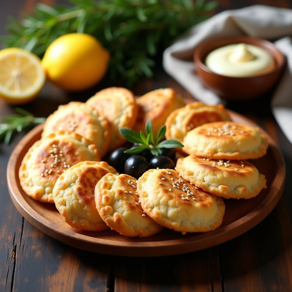 Empanadillas doradas y crujientes de tuna y aceitunas con masa de arroz, servidas en una fuente de madera con hierbas frescas y rodajas de limón, receta en airfryer sin gluten.