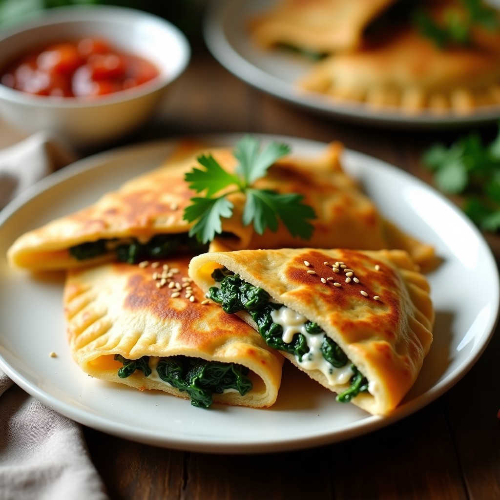 Empanadillas doradas y crujientes de yogur de soja rellenas de espinacas verdes, servidas en plato de barro con un bol de mermelada de tomate picante roja y brillante al lado. Receta india vegana.