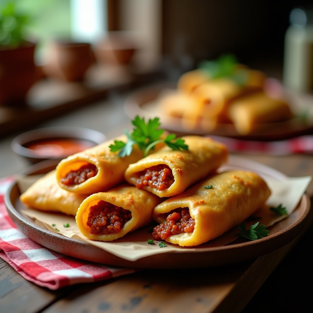 Empanadillas doradas y crujientes de yuca rellenas de chorizo de seitán, servidas en un plato de madera rústico con hojas de cilantro fresco y una salsa verde al lado. Receta colombiana vegana en airfryer.