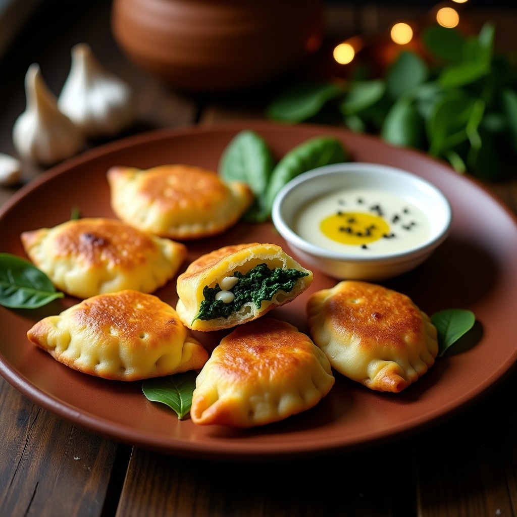 Empanadillas doradas de yuca y espinacas con salsa de ajo negro, servidas en plato rústico de barro con decoración de hojas de espinaca fresca. Receta colombiana sin gluten.