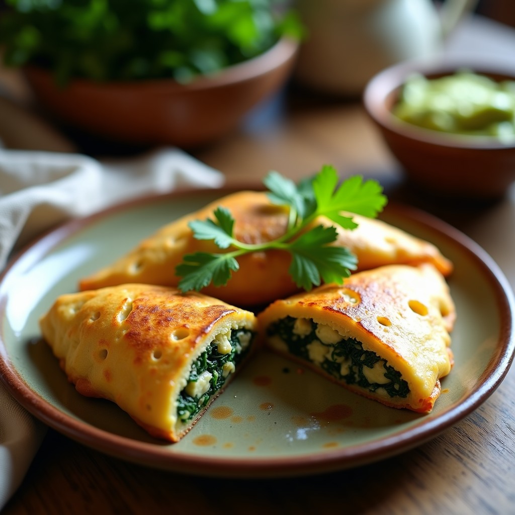 Empanadillas doradas de yuca rellenas de espinacas y queso de anacardos, servidas en un plato de madera rústico con salsa de yogur vegano y hierbas frescas al lado. Receta colombiana vegana y sin gluten.