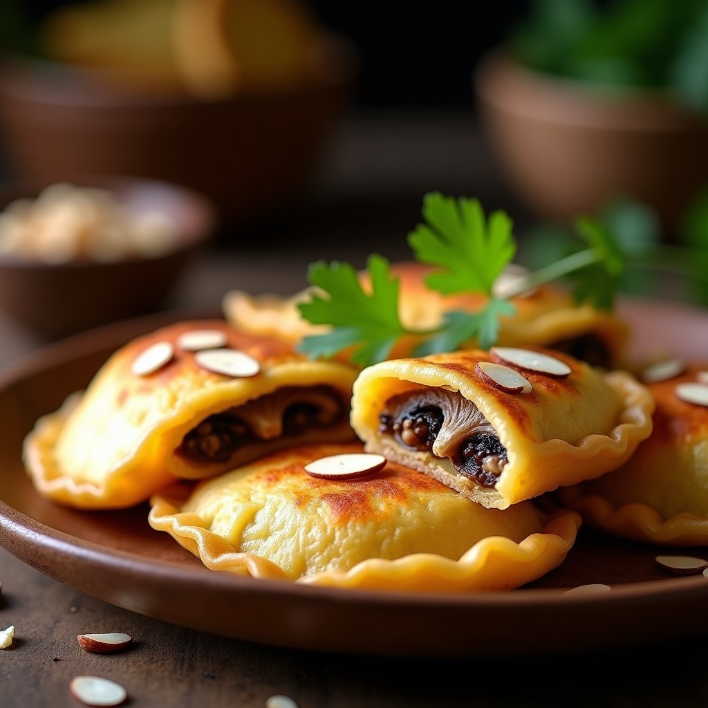 Empanadillas doradas y crujientes de harina de yuca rellenas de hongos shiitake salteados, servidas en un plato de madera con almendras fileteadas y hierbas frescas, receta colombiana keto y sin gluten.