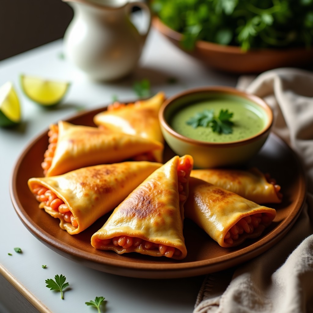 Empanadillas doradas y crujientes de yuca rellenas de langostinos, servidas en un plato blanco con mojo verde fresco y rodajas de limón. Receta sin gluten en airfryer.