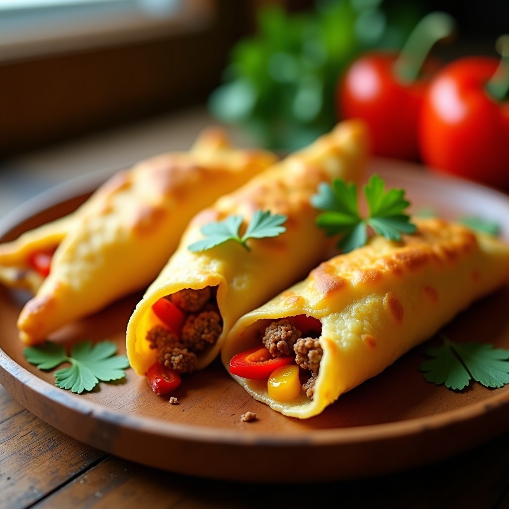 Empanadillas doradas y crujientes de masa de yuca rellenas de carne de soja y pimientos asados, servidas en un plato de madera rústico con hojas de cilantro fresco. Receta colombiana sin gluten preparada en airfryer.