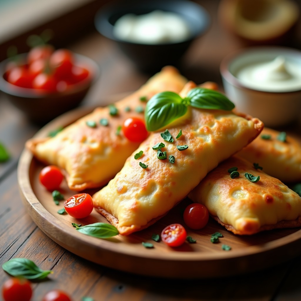 Empanaditas doradas y crujientes de masa de camelina y queso de almendras, espolvoreadas con semillas de sésamo y cebollino fresco, servidas en un plato de cerámica blanca sobre fondo rústico de madera. Snack keto sin gluten en airfryer.