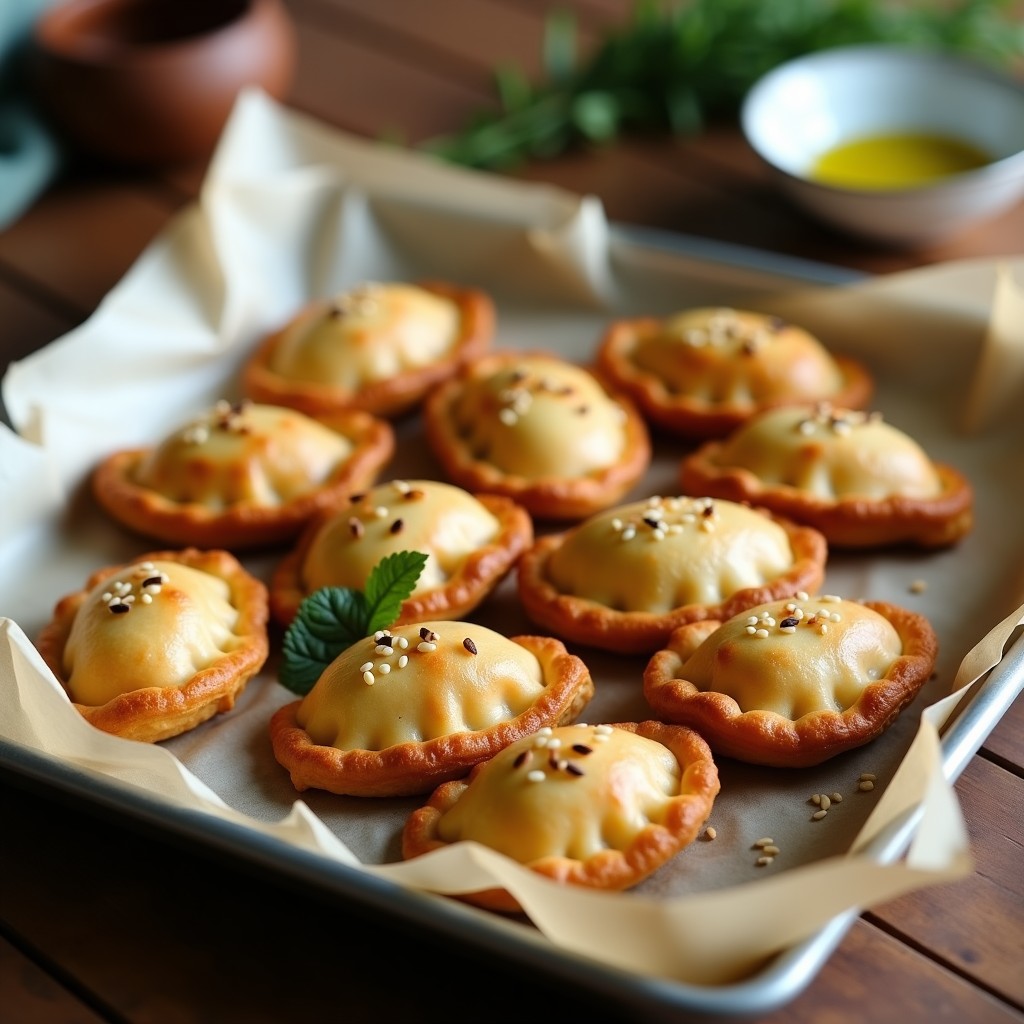 Empanaditas doradas y crujientes de masa de almendra rellenas de champiñones Portobello, espolvoreadas con semillas de sésamo, sobre una bandeja de horno con papel de cocción. Aperitivo keto gourmet con textura quebradiza y relleno jugoso.