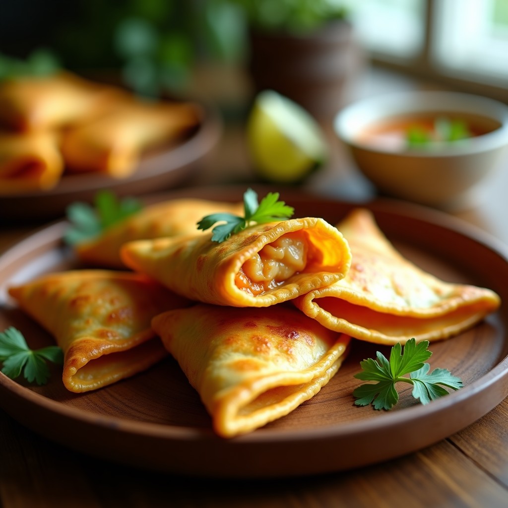 Empanaditas doradas y crujientes de masa de plátano macho rellenas de pollo al curry, servidas en un plato de madera rústico con hojas de cilantro fresco. Receta caribeña en airfryer con textura dorada y apetitosa.