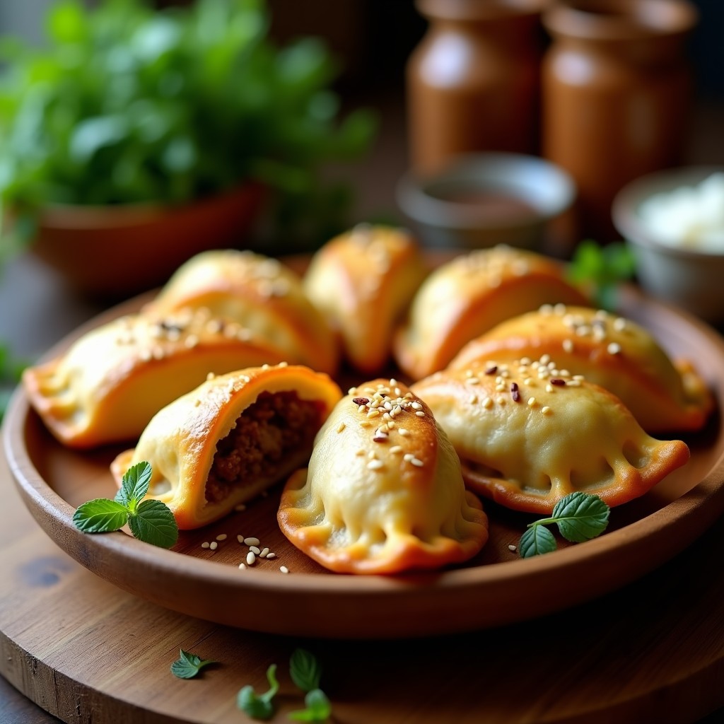 Empanaditas doradas de harina de teff rellenas de cordero y dátiles, servidas en una bandeja de madera rústica con semillas de sésamo espolvoreadas y perejil fresco. Receta etiópica sin gluten cocinada en airfryer.
