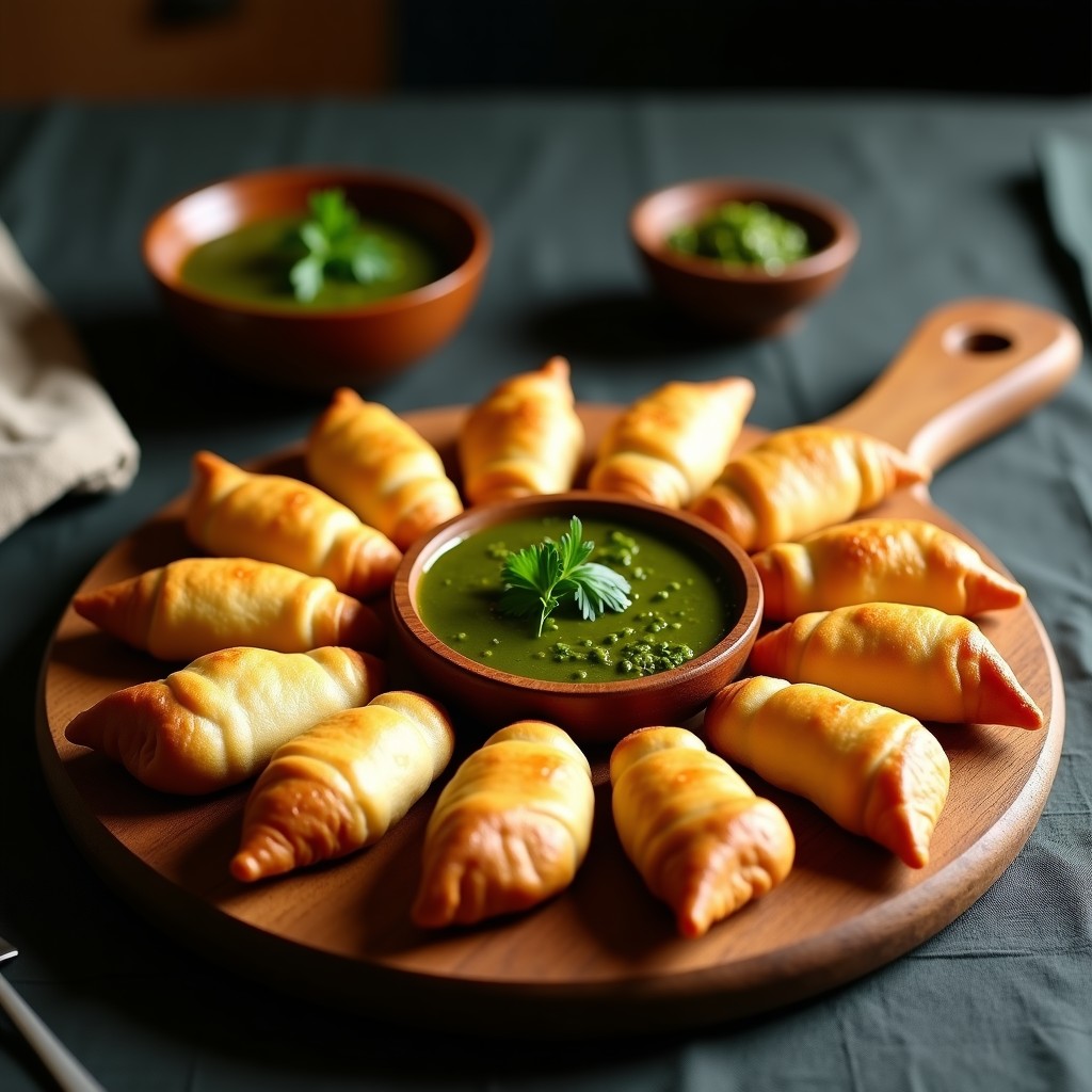 Empanaditas doradas y crujientes de yuca rellenas de carne de res, servidas en un plato de madera con chimichurri verde vibrante al lado, receta argentina en airfryer.