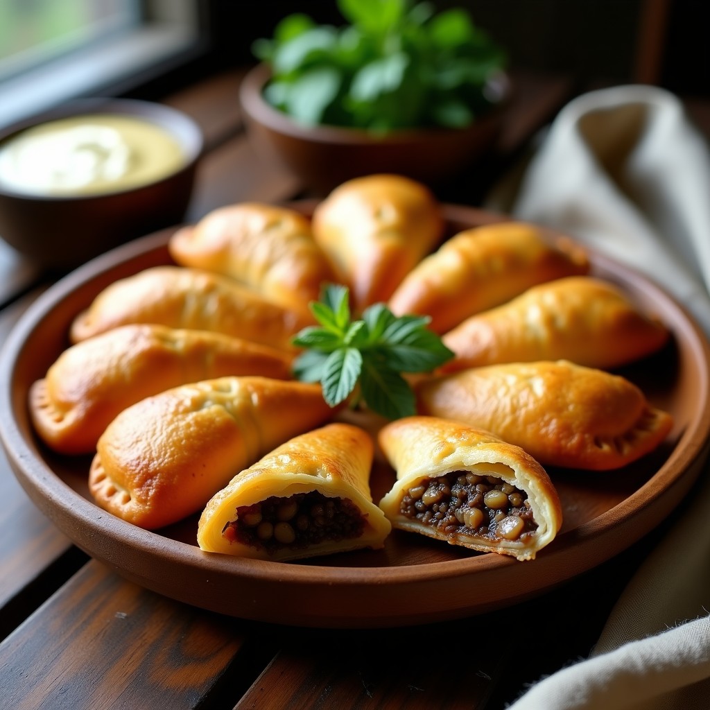 Empanaditas doradas de masa de yuca rellenas de champiñones portobello, horneadas en airfryer, con textura crujiente y servidas en un plato de madera rústico con hierbas frescas y salsa al lado.