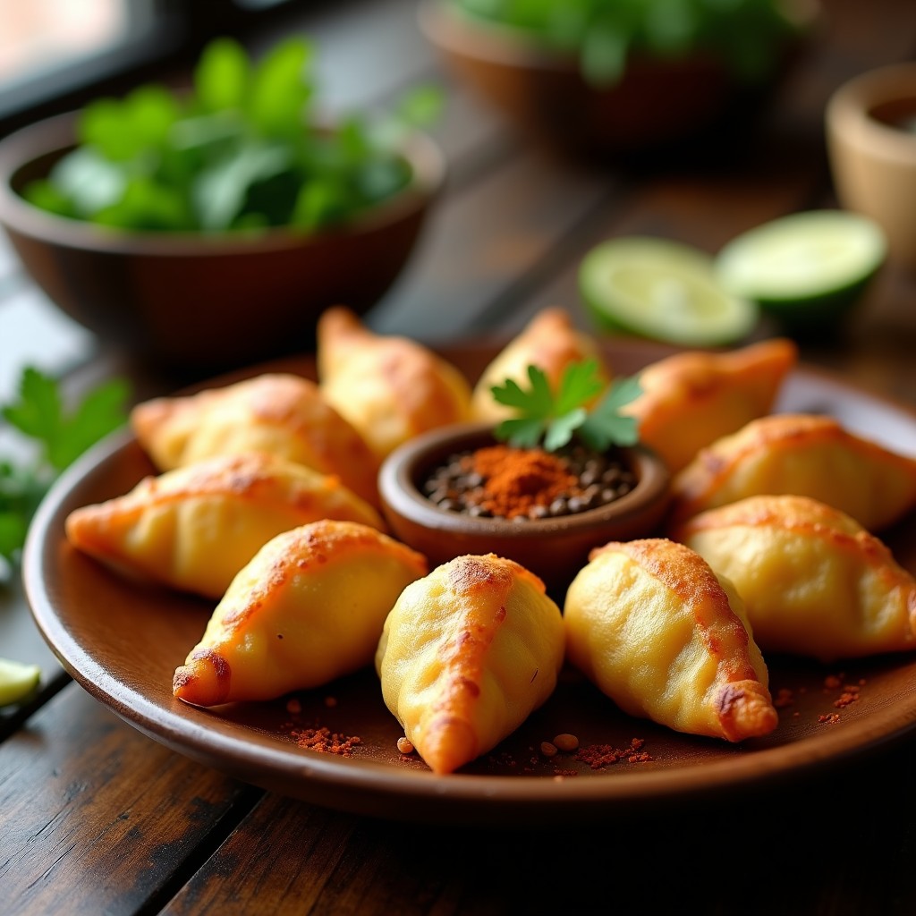 Empanaditas doradas y crujientes de yuca rellenas de hongos shiitake, servidas en un plato de madera rústico con hojas de cilantro fresco y rodajas de limón, receta colombiana vegana y sin gluten.