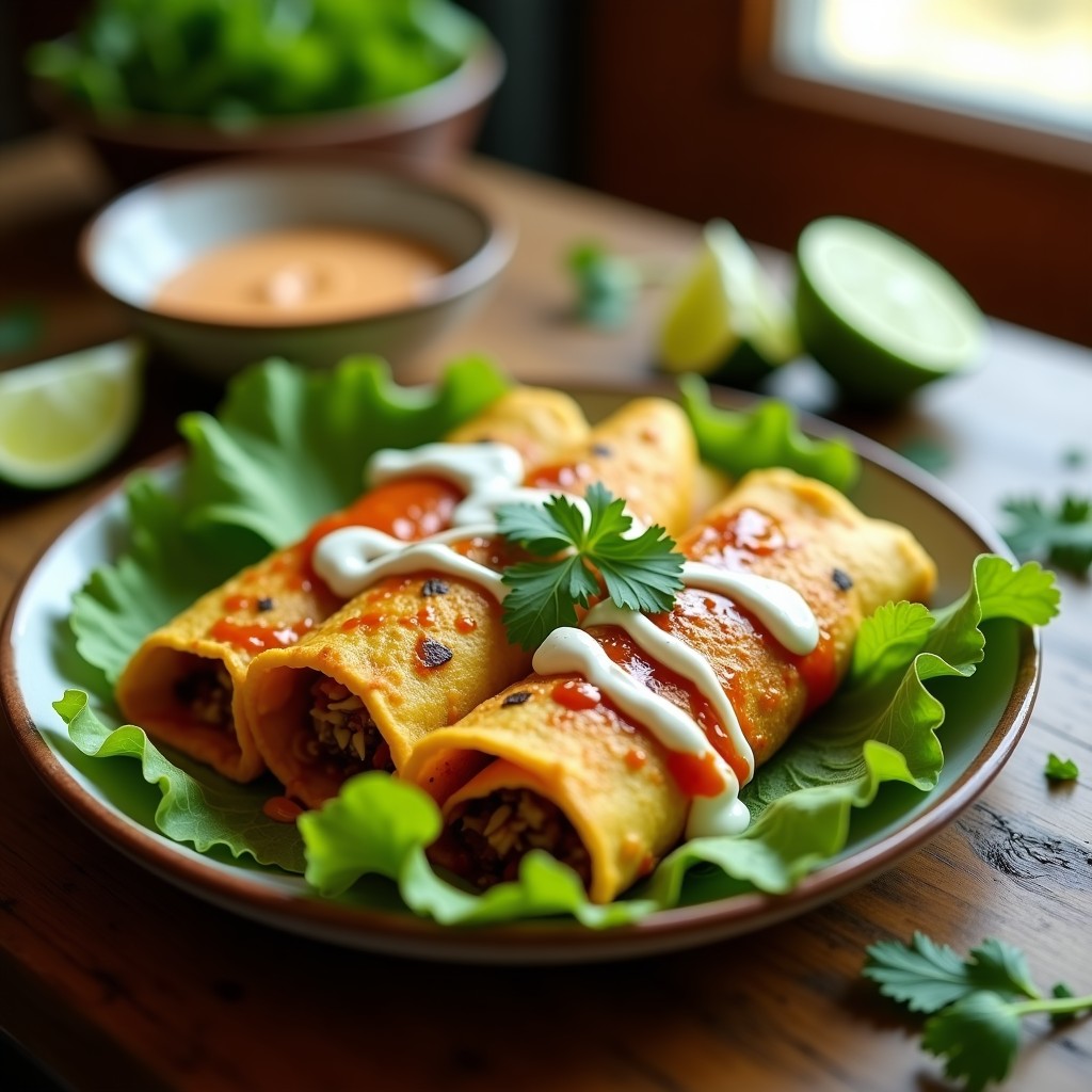Enchiladas veganas de flor de calabaza y queso de anacardos doradas en airfryer, cubiertas con salsa roja de chile guajillo y decoradas con cilantro fresco, servidas en plato de barro.