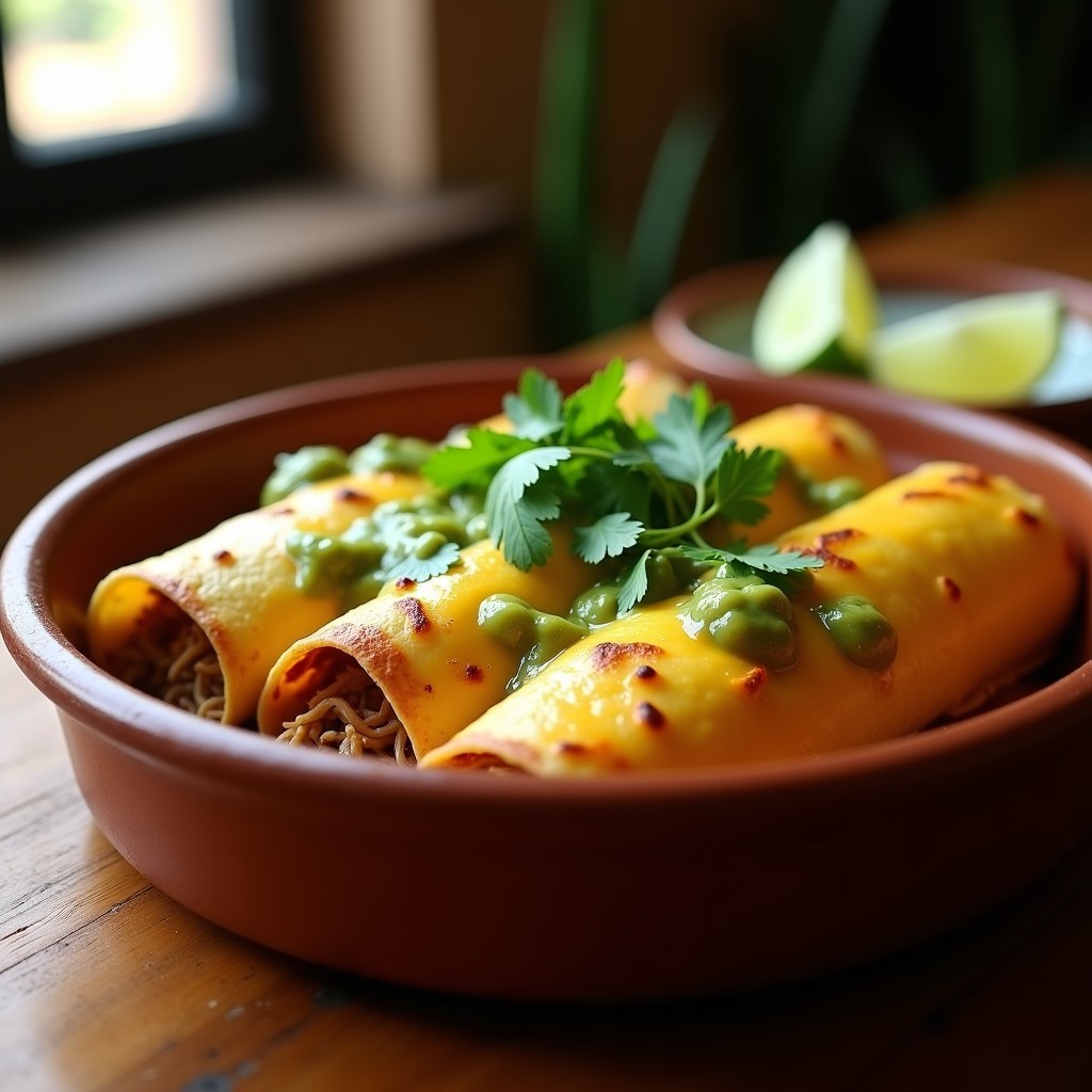Fuente de barro al horno con enchiladas de jackfruit desmenuzado cubiertas de salsa verde vibrante y queso de caju gratinado dorado, decoradas con cilantro fresco. Plato vegano mexicano con texturas jugosas y cremosas.