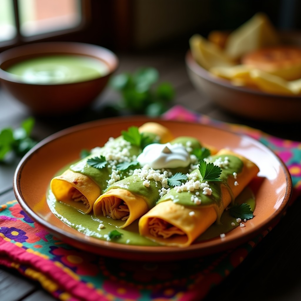 Plato de enchiladas verdes en olla express, tortillas rellenas de pollo desmenuzado, cubiertas con salsa verde vibrante, queso fresco desmenuzado y crema agria, decoradas con cilantro fresco.