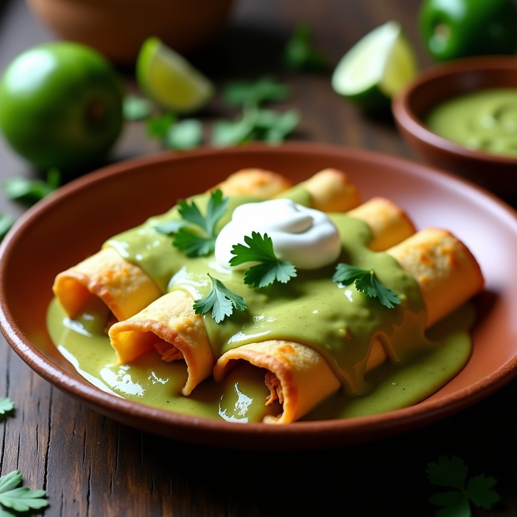 Plato de enchiladas verdes de pollo y queso panela en airfryer, bañadas en salsa verde cremosa, con queso derretido y cilantro fresco, servidas en un plato de barro rústico.