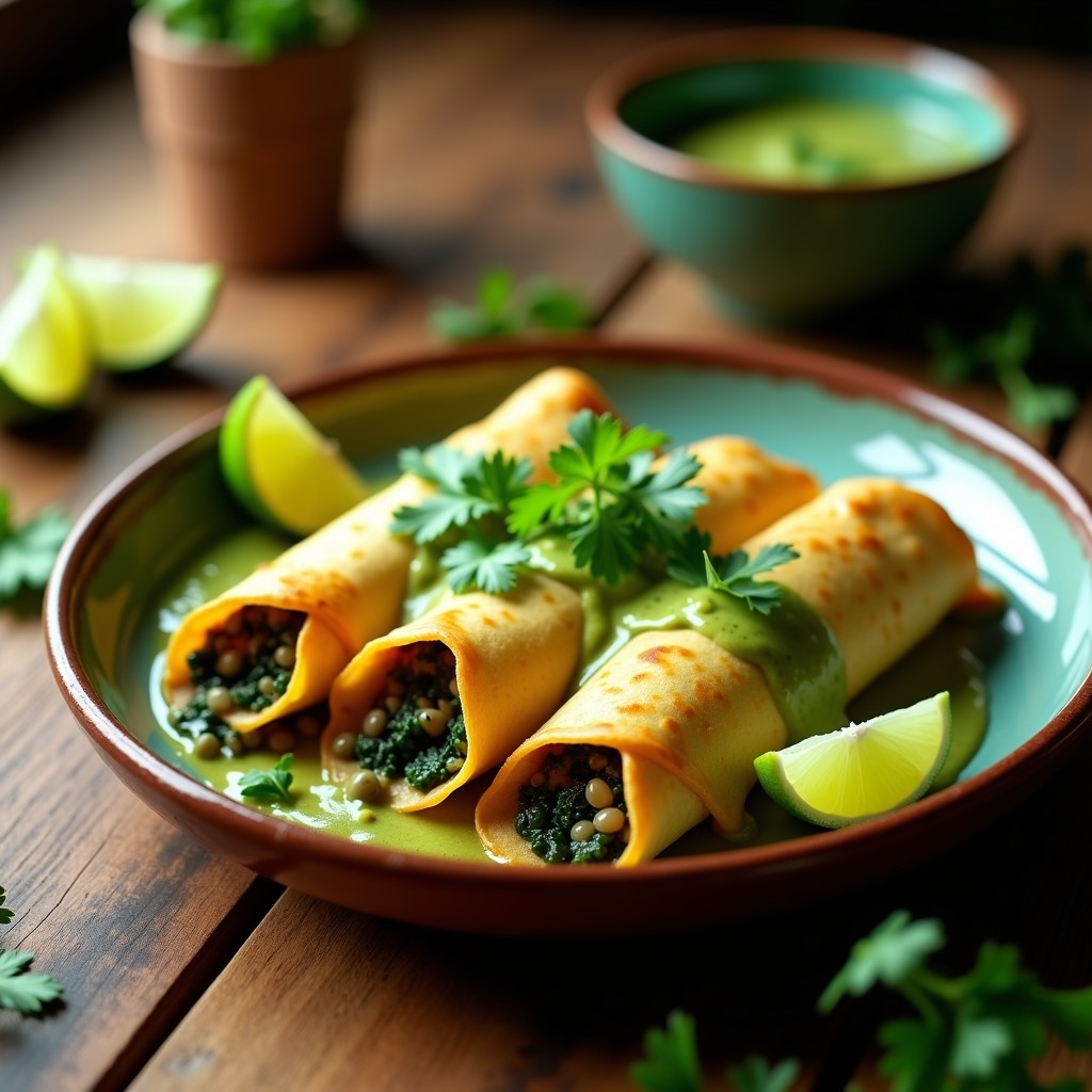 Plato de enchiladas verdes veganas en airfryer, tortillas de maíz rellenas de espinacas y champiñones, bañadas en salsa verde cremosa de aguacate y tomatillo, gratinadas con queso vegano y decoradas con cilantro fresco.