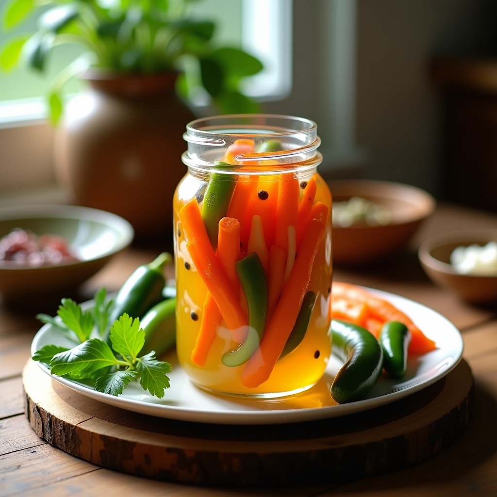 Frasco de vidrio transparente lleno de encurtidos peruanos con zanahorias naranjas, cebollas rojas moradas y ajíes verdes en rodajas, sumergidos en líquido amarillo claro con especias. Receta casera de encurtidos peruanos crujientes.