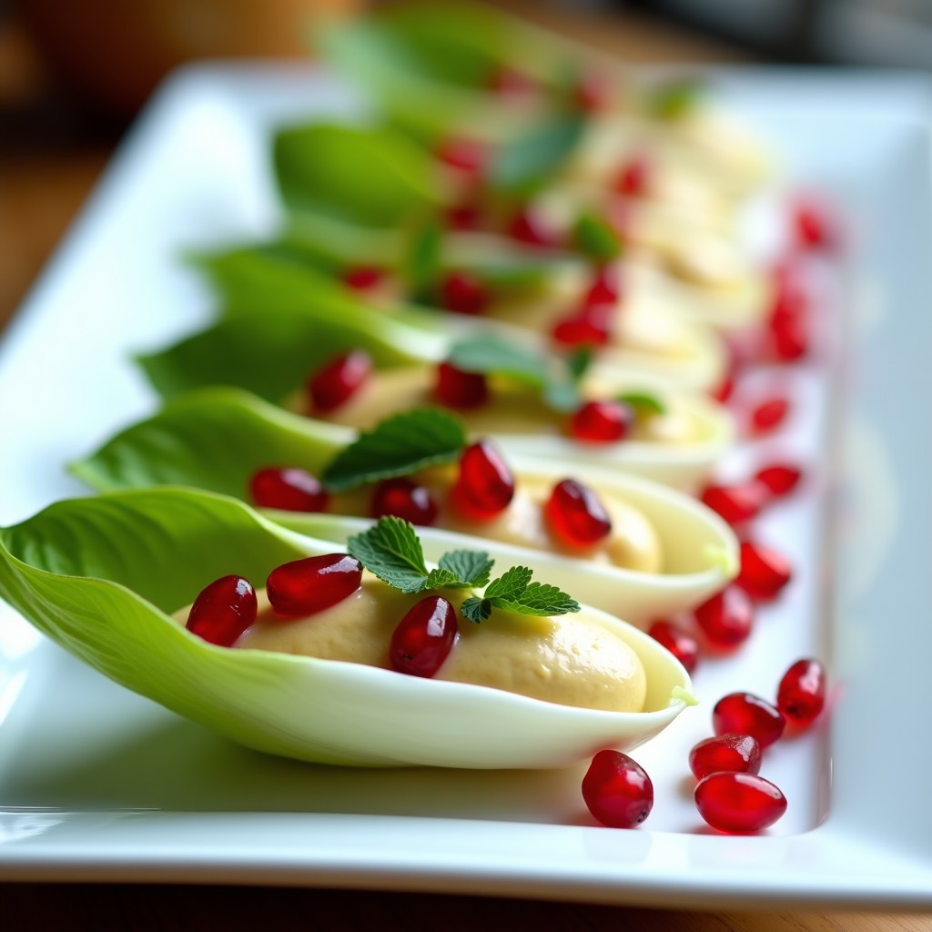 Bandeja blanca con hojas de endivia rellenas de crema de anacardos sedosa, coronadas con semillas de granada rojas brillantes y decoradas con cilantro fresco. Plato vegano gourmet elegante y colorido.