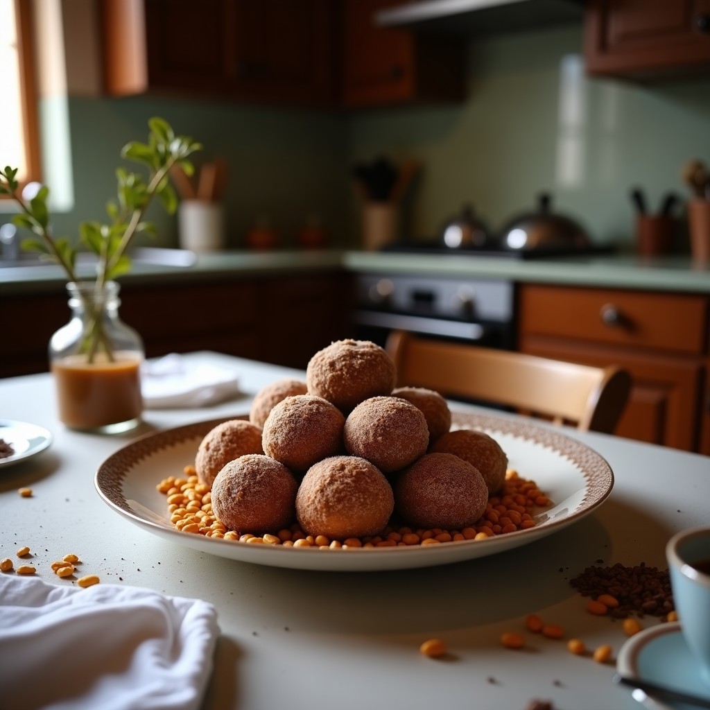 Energy Balls de cacao y almendras con esencia de vainilla sobre una bandeja de madera, cubiertas de coco rallado, con una textura cremosa y un brillo natural. Snack keto ideal para post-entreno.