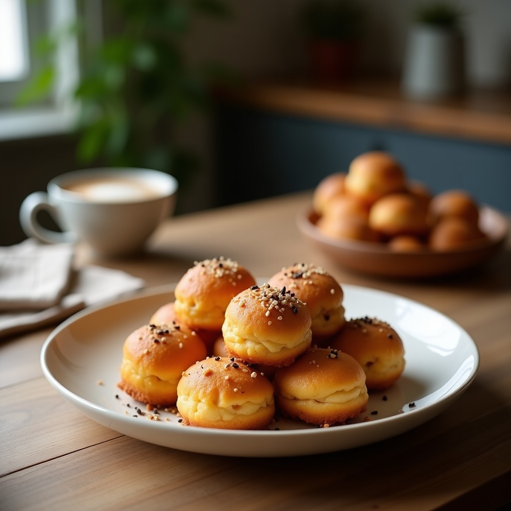 Energy Balls de café y anacardos keto dispuestas en una bandeja de madera oscura, con semillas de lino dorado espolvoreadas y un fondo de granos de café y anacardos enteros. Snack saludable sin horno.