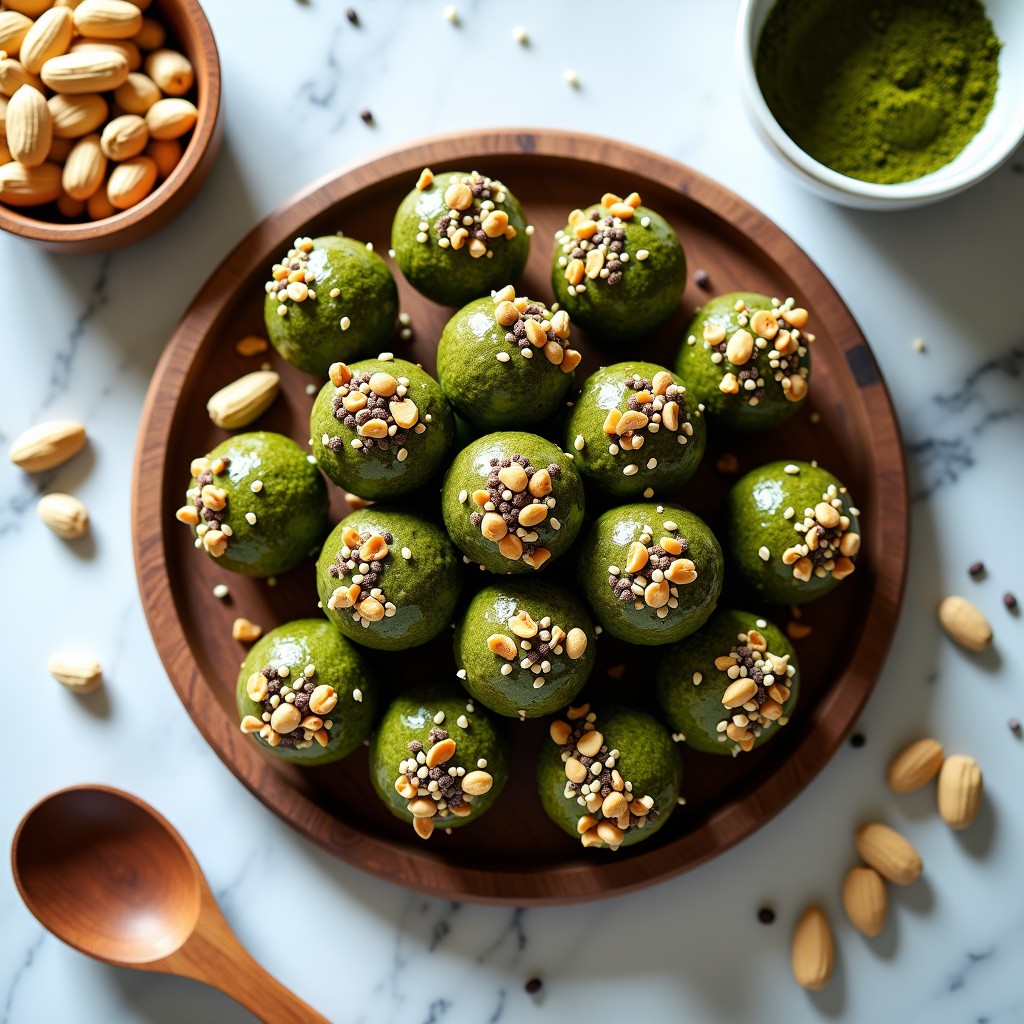 Energy Balls de espirulina y cacahuete dispuestas en bandeja de madera con semillas de sésamo y cacahuetes triturados, snack energético alto en proteína sin horno.
