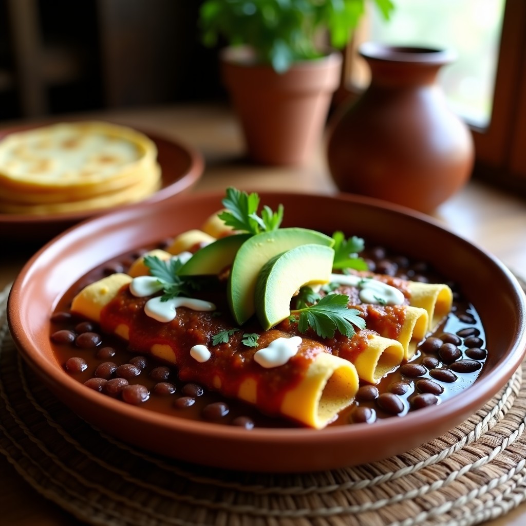 Plato hondo de barro con enfrijoladas veganas apiladas, cubiertas de salsa espesa de frijoles negros, rodajas de aguacate, cilantro fresco y un hilo de crema de anacardos. Fondo rústico con tortillas de maíz al lado.