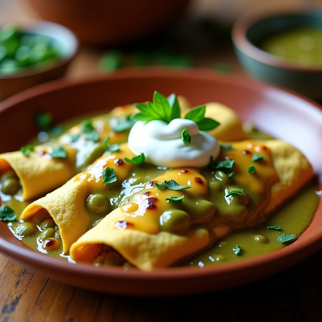 Plato de enfrijoladas verdes oaxaqueñas en airfryer, tortillas de maíz bañadas en salsa espesa de frijoles verdes, cubiertas con queso Oaxaca derretido y crema agria, decoradas con epazote fresco.