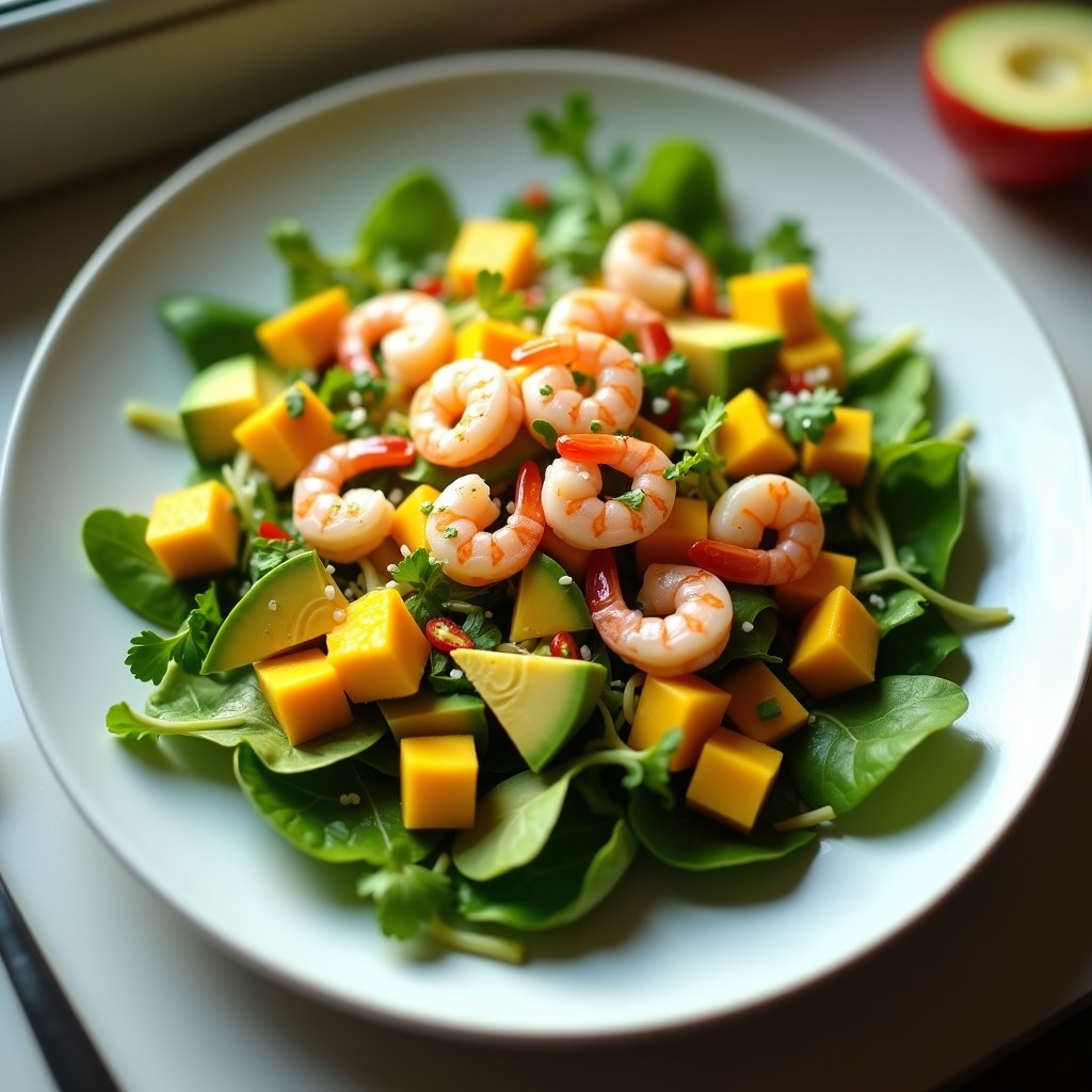 Ensalada de Aguacate, Mango y Gambas con Vinagreta Cítrica