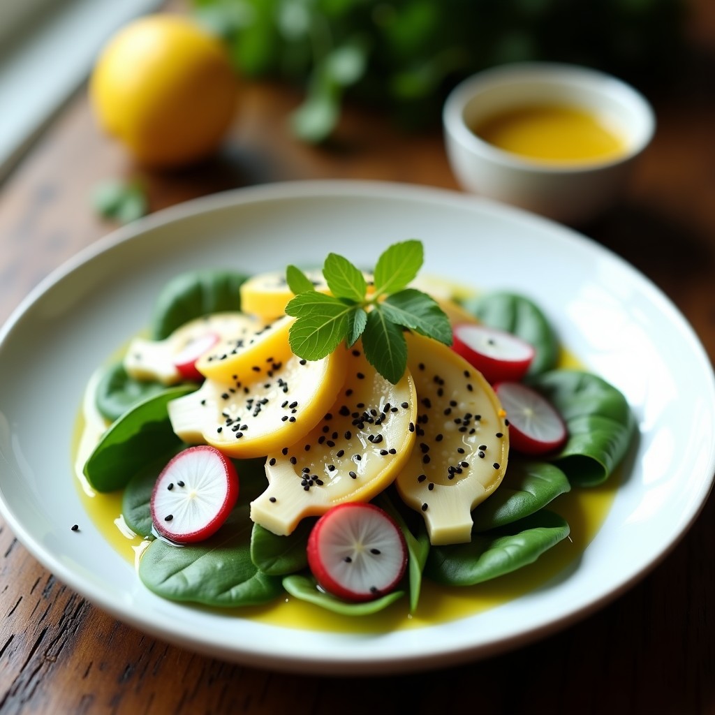 Ensalada vegana y crudivegana de alcachofas baby y rodajas de hearts of palm sobre hojas de espinaca, decorada con rábanos rojos en láminas, semillas de sésamo negro y cilantro fresco, bañada en vinagreta de limón yuzu. Plato elegante y colorido con tonos verdes, blancos y rojos.