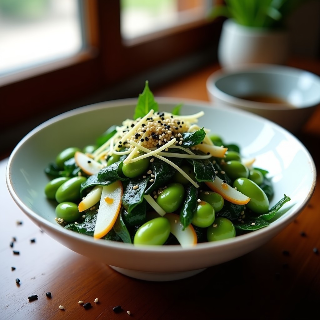 Ensalada japonesa vegana alta en hierro con algas nori en tiras, edamame verde, rábano daikon en juliana, cebollino picado y semillas de sésamo negro y blanco, servida en un bol de cerámica blanca con aderezo dorado de tamari y sésamo.