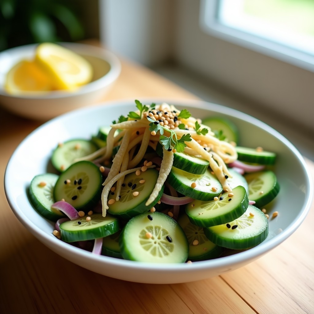 Ensalada japonesa baja en calorías de algas nori tostadas en tiras finas, pepino en juliana, cebolla morada y aguacate en cubos, servida en un bol de cerámica blanca con aderezo de sésamo y semillas negras y blancas espolvoreadas.