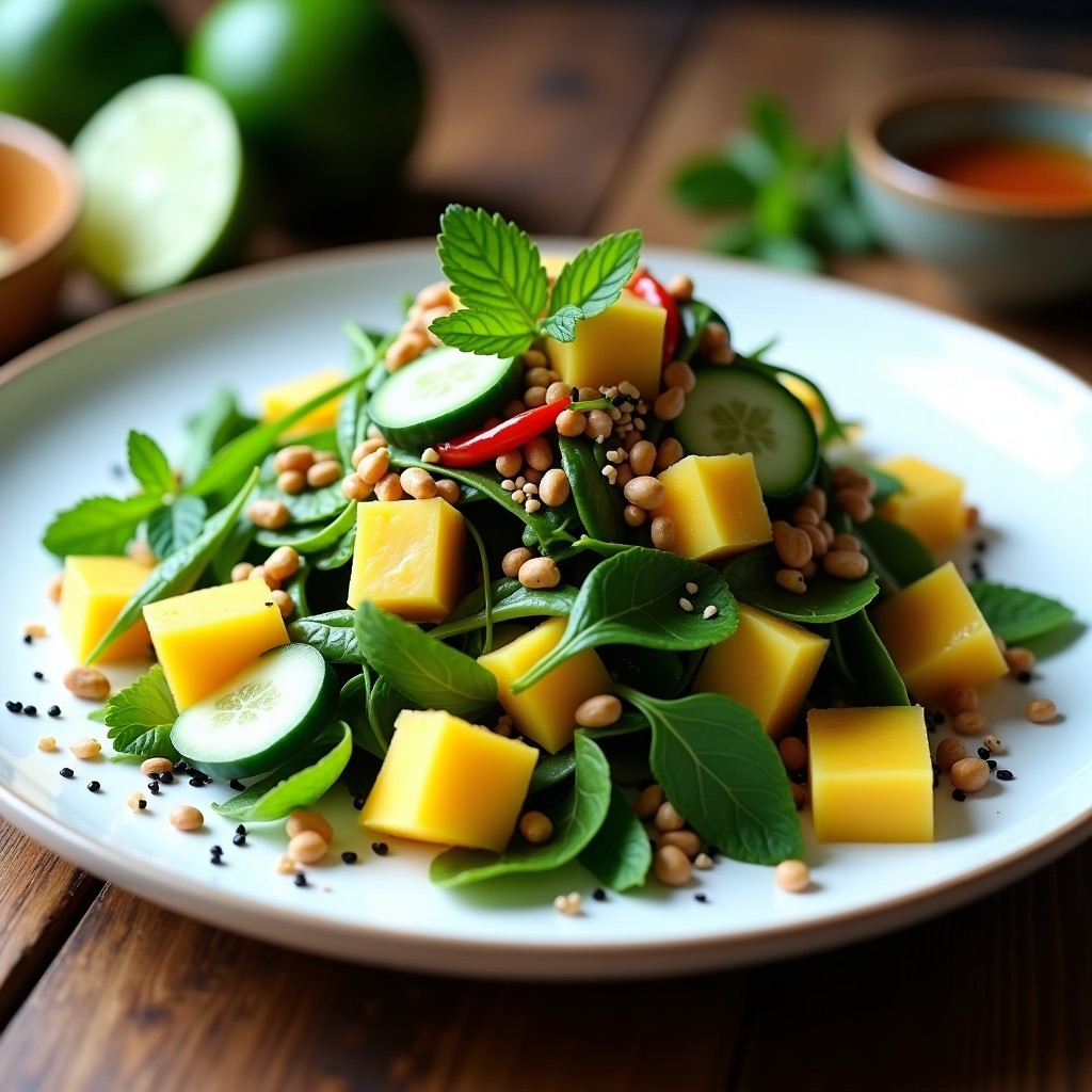 Ensalada tailandesa de algas wakame hidratadas y mango verde en juliana, mezclada con pepino, cebolla morada, cilantro y menta. Decorada con semillas de sésamo negro, cacahuetes picados y un aderezo brillante de limón kaffir y sésamo tostado. Plato fresco, colorido y alto en yodo y vitamina C.