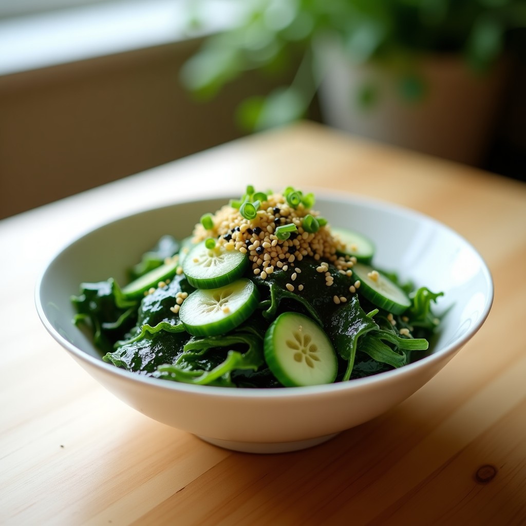 Ensalada japonesa detox en cuenco blanco con algas wakame hidratadas, rodajas de pepino fresco, semillas de sésamo negro y blanco espolvoreadas, y vinagreta brillante. Decorada con cebollino picado y ralladura de lima sobre fondo de madera clara.
