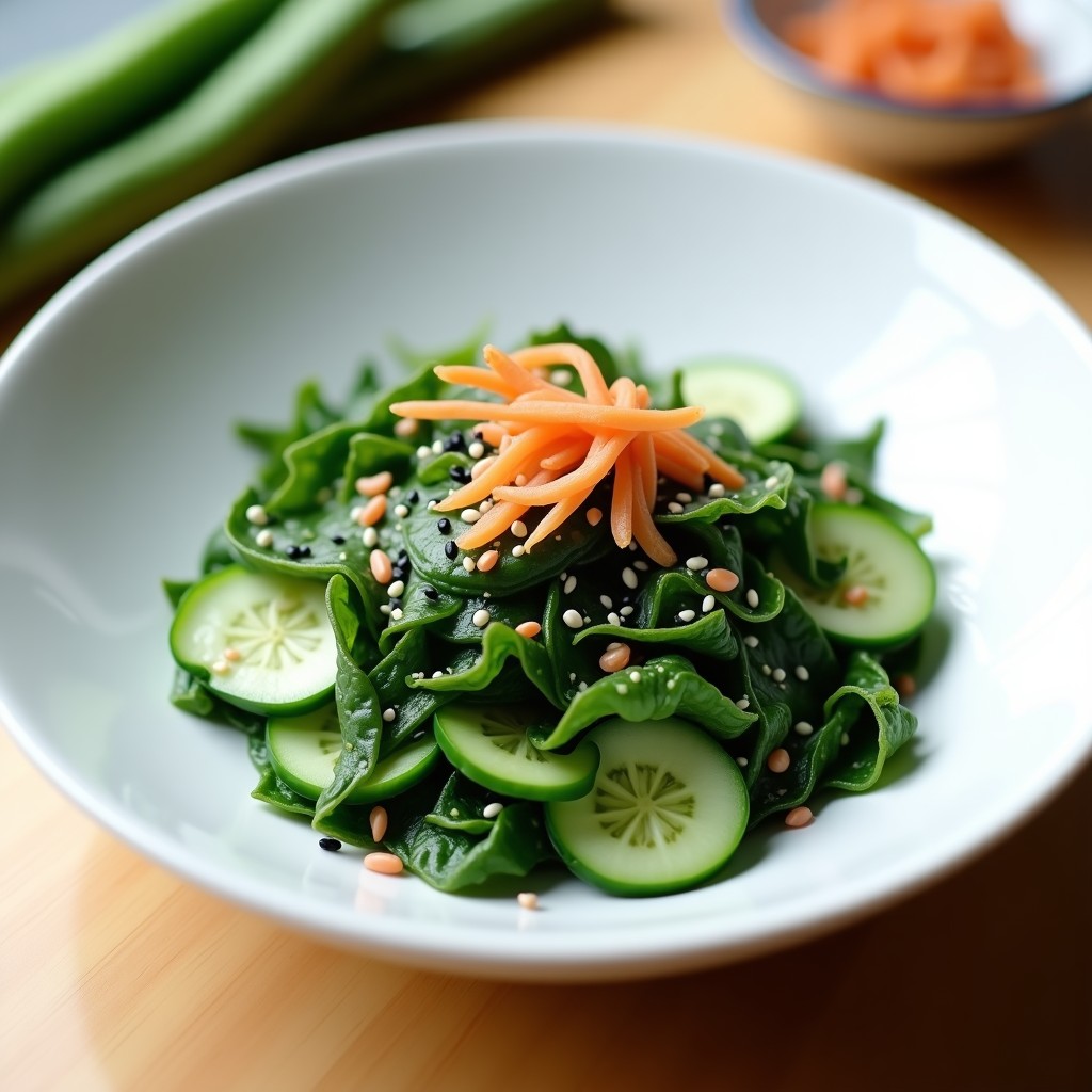 Ensalada fresca de algas wakame verdes y pepino en rodajas finas, bañada en aderezo cremoso de umeboshi, decorada con semillas de sésamo negro y blanco sobre plato de cerámica blanca.