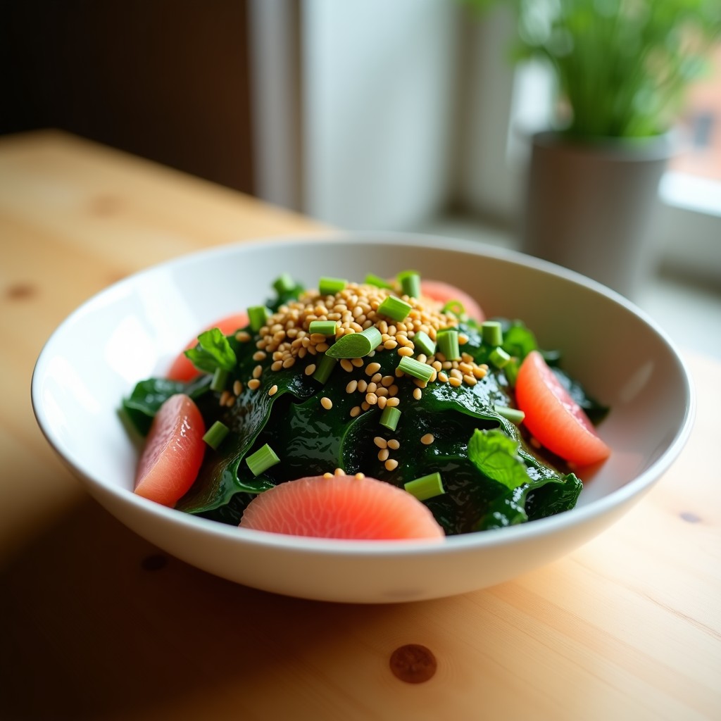 Ensalada fresca de algas wakame hidratadas con trozos de pomelo rosa, cebolla morada, pimiento amarillo y semillas de sésamo tostadas, servida en un bol blanco sobre fondo de madera. Receta detox y rica en yodo.