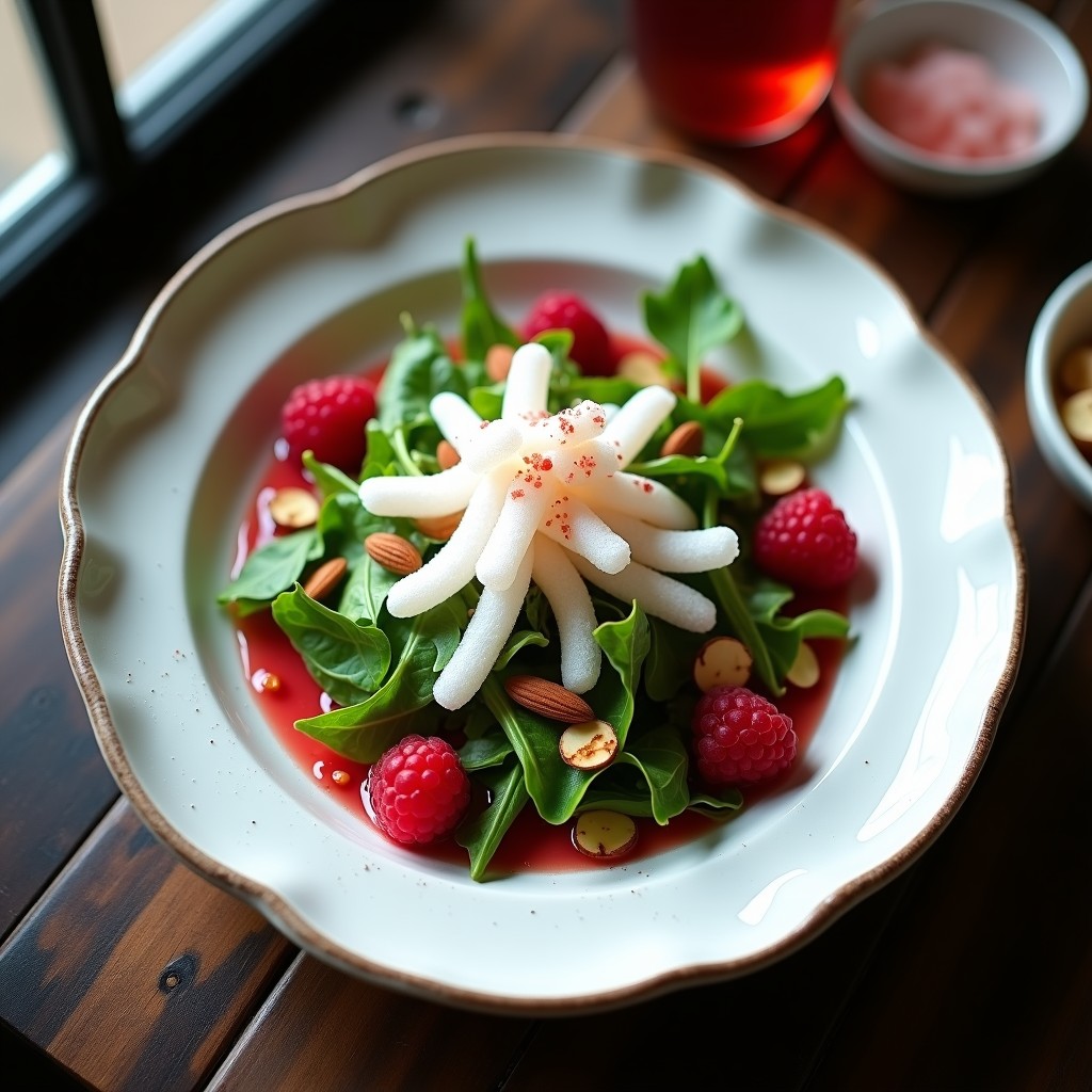 Ensalada gourmet francesa con algodón de azúcar esponjoso, hojas de rúcula verde intenso, frambuesas rojas brillantes y almendras tostadas, bañada con vinagreta de frambuesa y decorada con culantro y flor de sal sobre un plato blanco rústico.