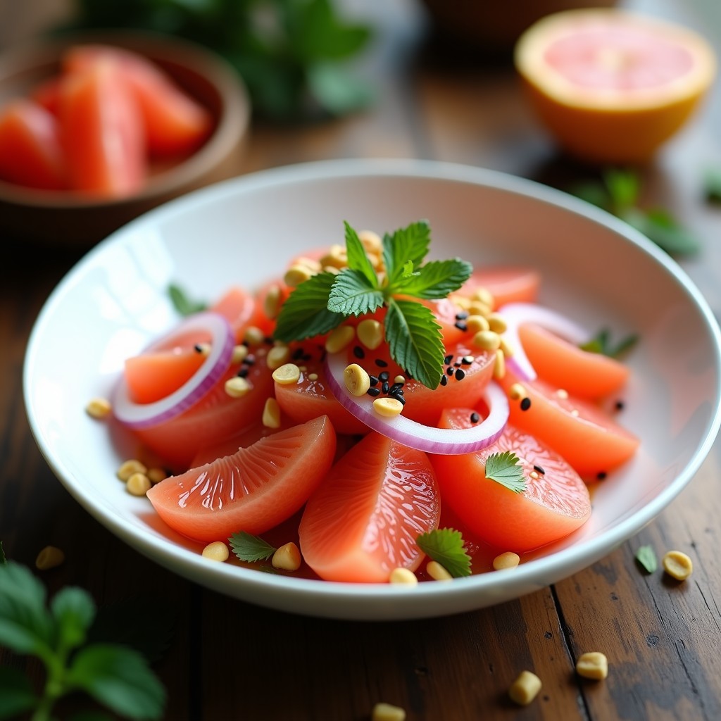 Ensalada tailandesa de algodón de azúcar de mar rehidratado en tiras blancas y transparentes, mezclado con gajos de pomelo rosa, cebolla morada en juliana, cacahuetes tostados y hojas de cilantro y menta, bañada con vinagreta de tamarindo dorada. Plato servido en un bol de cerámica negra con fondo borroso.
