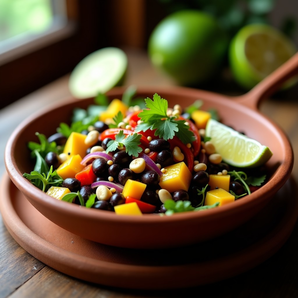 Ensalada cubana de alubias negras y mango verde con vinagreta de lima, servida en un bol de barro rústico. Las alubias negras brillantes se mezclan con tiras finas de mango verde, pimiento rojo asado y cebolla morada, coronadas con cacahuetes tostados. El plato está acompañado de hojas de cilantro fresco y un hilo de vinagreta dorada.