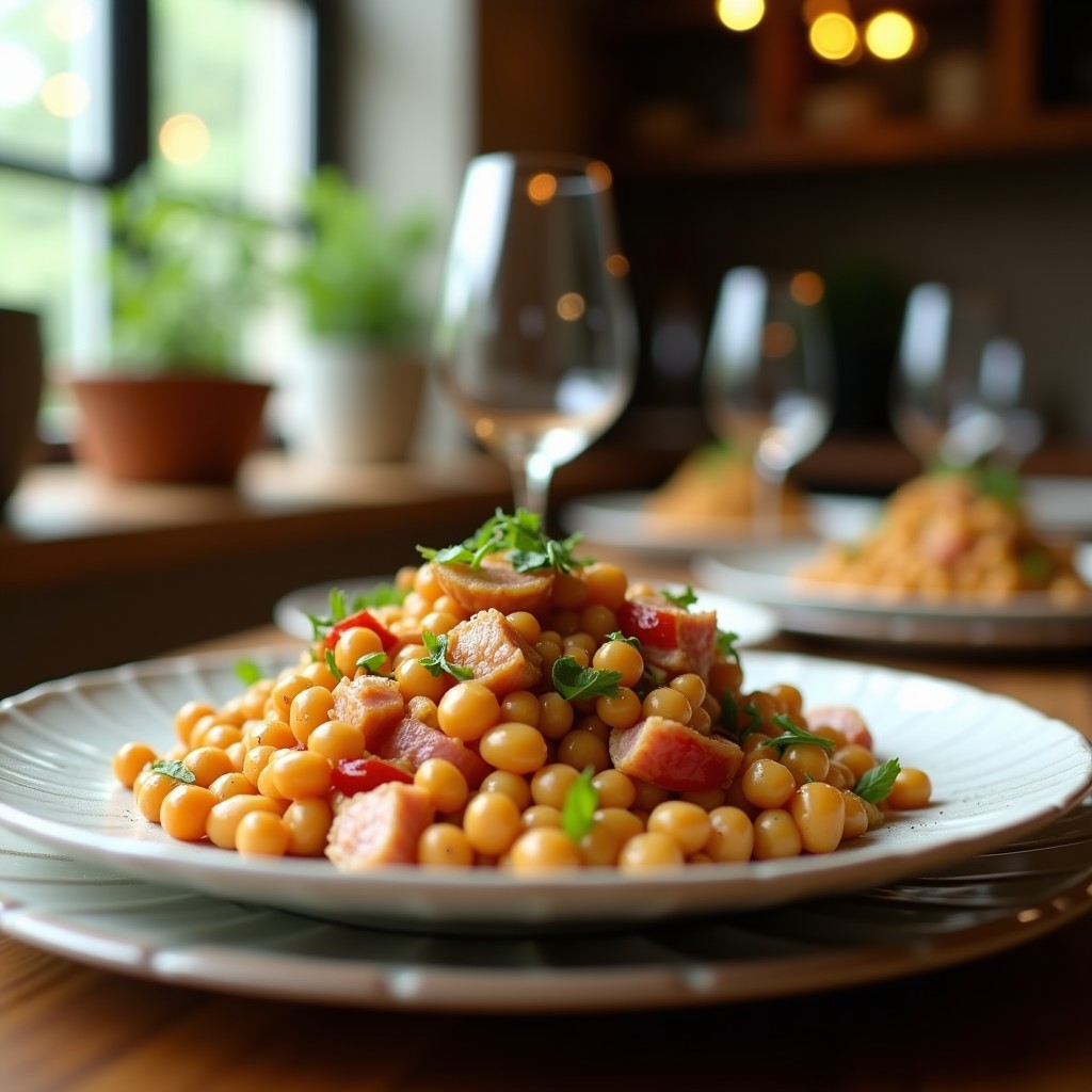 Ensalada templada de bacalao confitado con garbanzos, espinacas y vinagreta de pimentón, lista para servir