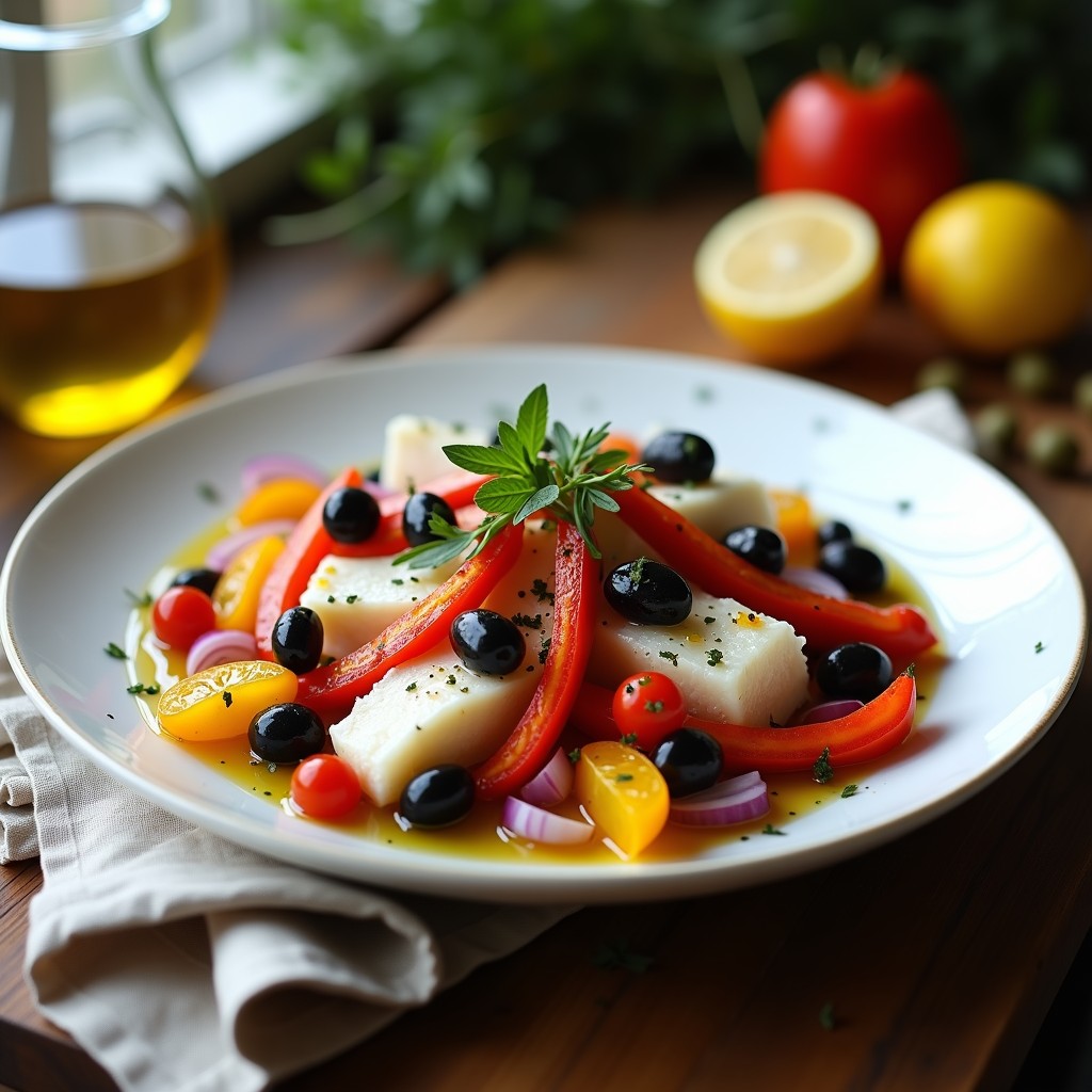 Ensalada tibia de bacalao desalado en trozos dorados, mezclado con tiras de pimientos asados rojos y amarillos, aceitunas Kalamata negras, cebolla morada en juliana y tomates cherry. Decorada con almendras laminadas tostadas y perejil fresco, servida en un plato blanco rústico con un hilo de aceite de oliva virgen extra.