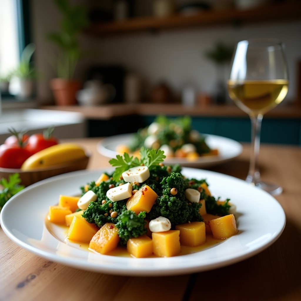 Ensalada colorida en plato blanco hondo con batata asada dorada, kale verde oscuro masajeado, queso de cabra desmenuzado, cebolla morada en juliana, almendras fileteadas tostadas y aderezo brillante de miel y mostaza. Fondos borrosos de ingredientes frescos.
