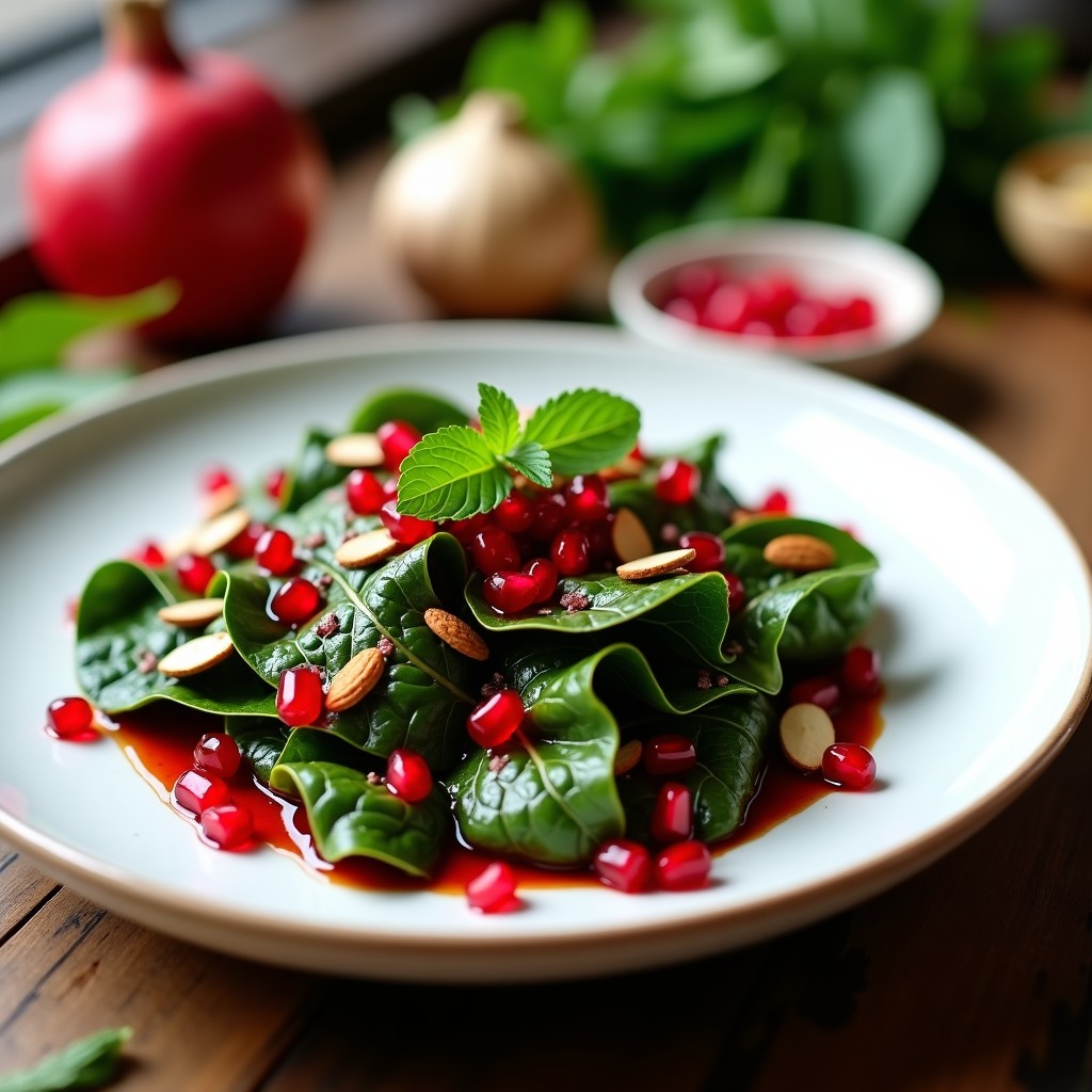 Ensalada libanesa vegana de belgas asadas en un plato blanco, con hojas verdes ligeramente doradas, semillas de granada rojas brillantes, cebolla morada picada, almendras tostadas y vinagreta de granada y sumac. Decorada con hojas de menta fresca sobre un fondo rústico de madera.