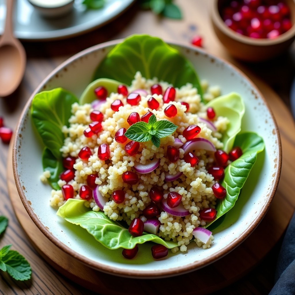 Ensalada libanesa de bulghur remojado con granitos de granada rojos brillantes, cebolla morada, apio y hojas de lechuga romana, bañada en vinagreta verde de menta fresca y decorada con semillas de sésamo tostadas. Plato fresco y colorido servido en un bol de cerámica blanca sobre una mesa rústica de madera.
