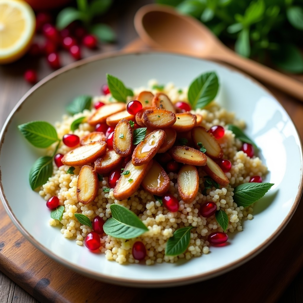 Ensalada árabe vibrante en bol de barro con bulghur dorado, trozos de higadillos de pollo jugosos, semillas de granada rojas brillantes, cebolla morada en juliana, apio fresco y almendras tostadas espolvoreadas. Decorada con hojas de menta y perejil, con un aliño dorado de aceite y limón. Plato alto en hierro y proteína.