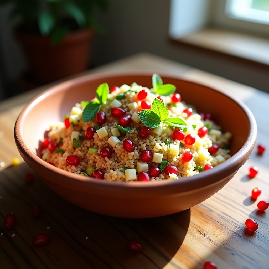 Ensalada libanesa de bulgur con semillas de granada rojas brillantes, hinojo en juliana y perejil fresco, servida en un bol de barro con aliño dorado y semillas de sésamo tostadas.
