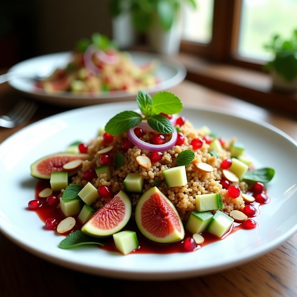 Ensalada turca vegana y sin gluten de bulgur dorado, higos frescos en cuartos, semillas de granada rojas vibrantes y almendras tostadas, servida en un plato de cerámica blanca con vinagreta brillante. Decorada con hojas de menta fresca.
