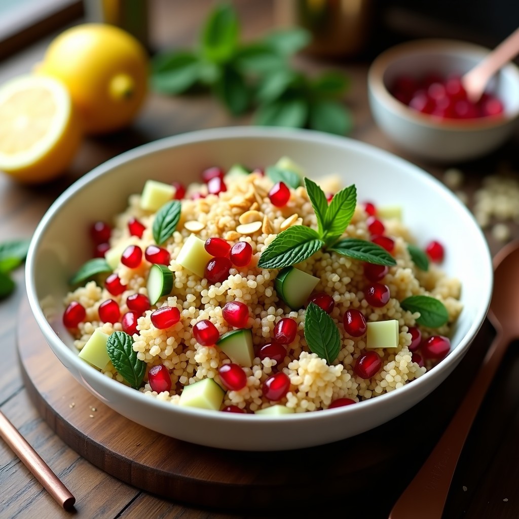 Ensalada turca fresca de bulgur, mentol y granado con limón, servida en un bol de cerámica blanca con almendras tostadas y granos de granada rojos brillantes. Plato colorido y saludable.