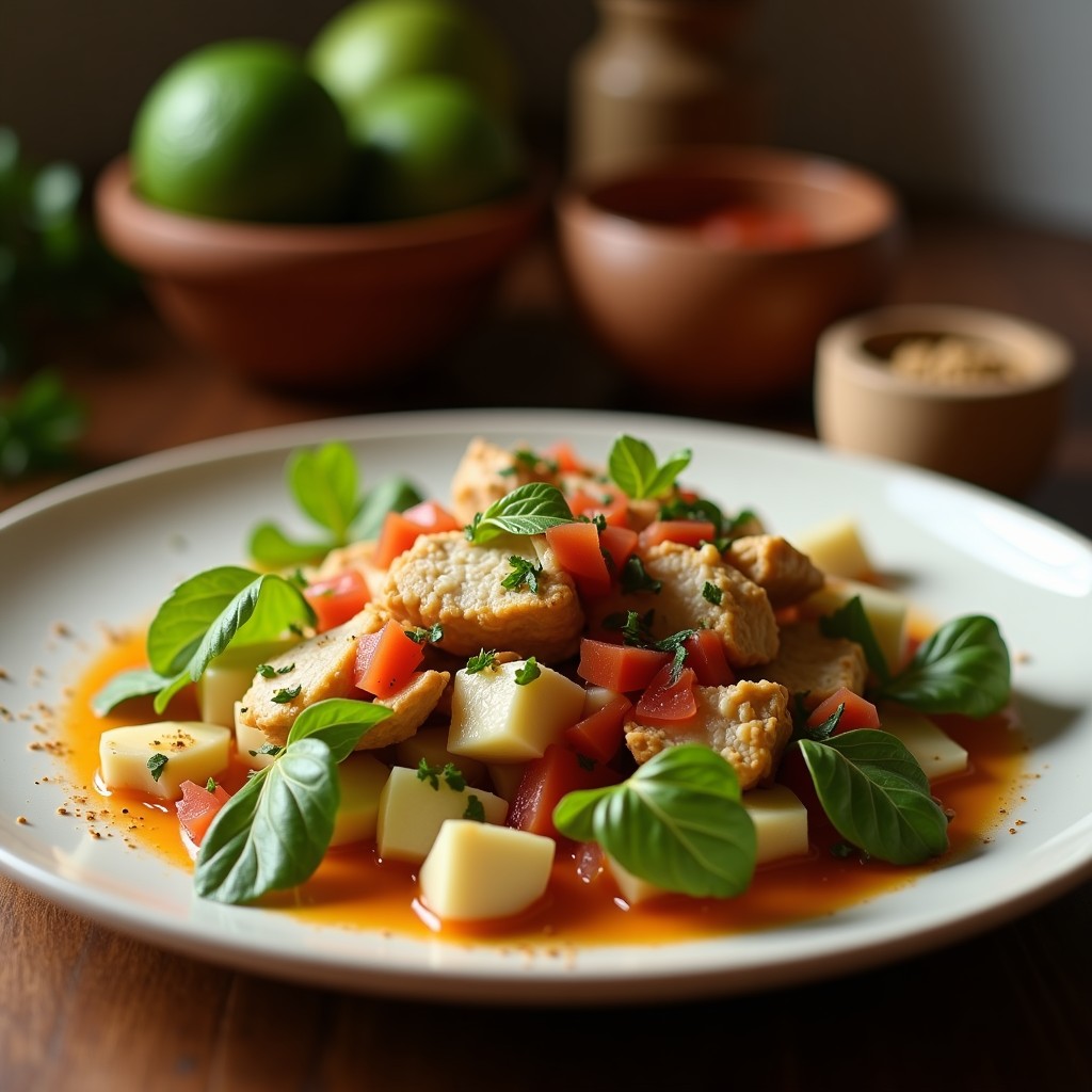 Ensalada César ahumada con pollo a la parrilla en un plato hondo de cerámica, lechuga romana asada, croutons dorados, huevo duro picado y aderezo cremoso sin lácteos.