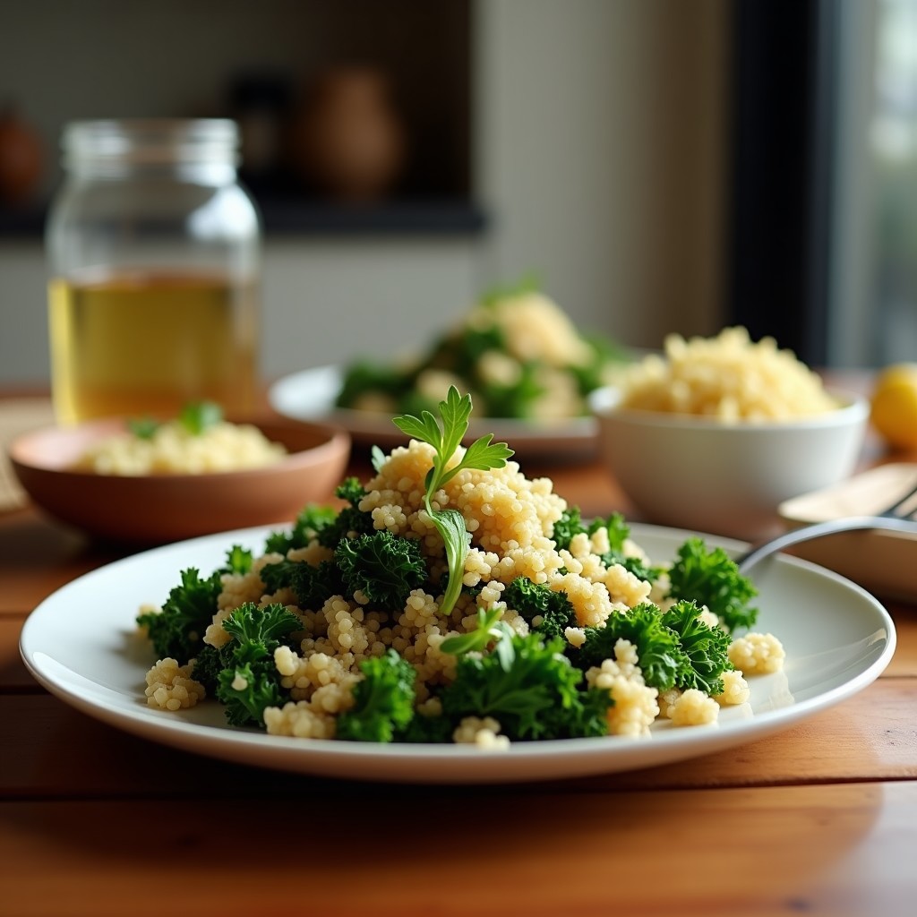 Ensalada César vegana en bol blanco con kale masajeado, quinoa, croutons dorados y aderezo cremoso de anacardos, decorada con semillas de girasol.